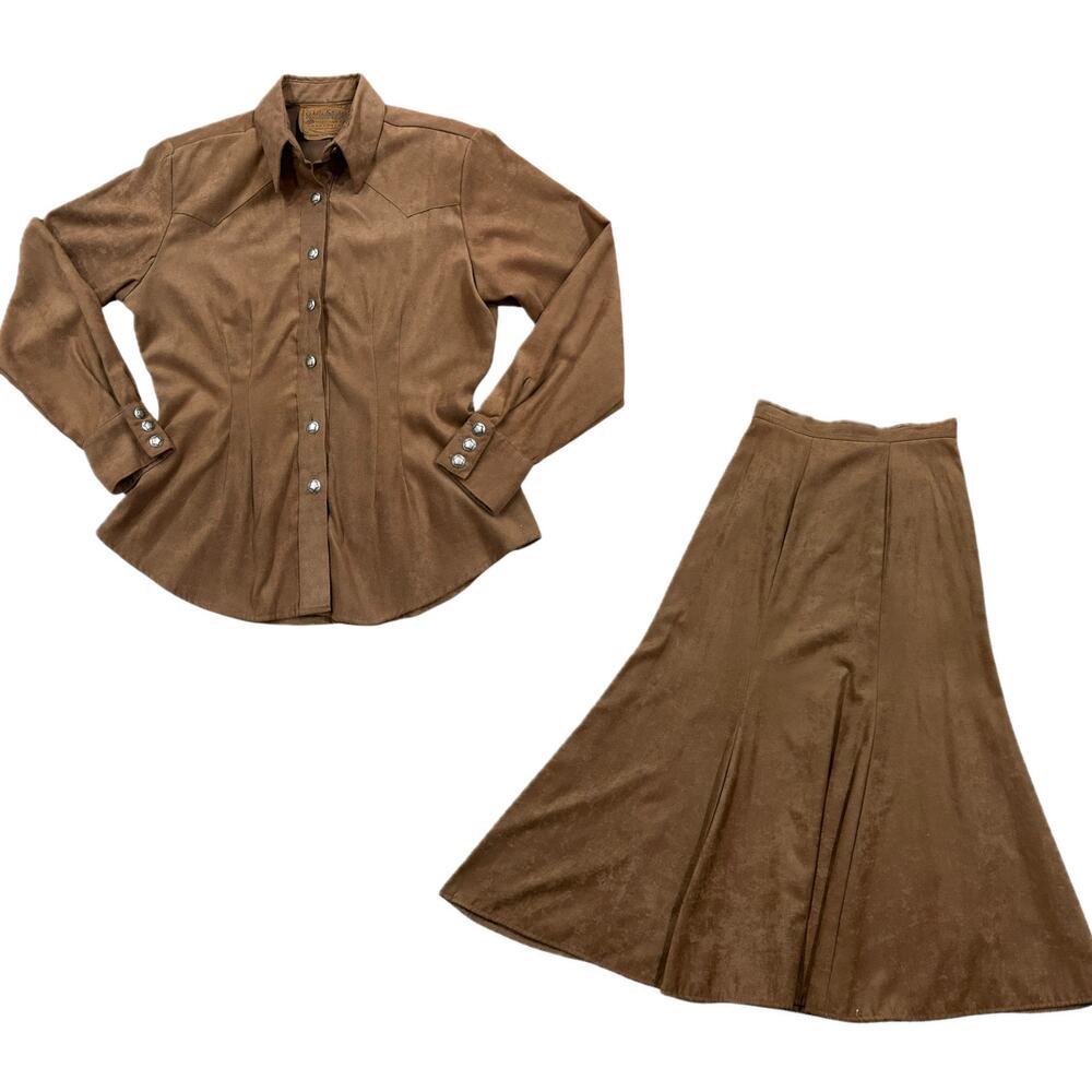 Vintage Mocha Brown Western Faux Suede Shirt Maxi Skirt Set 9/10 -